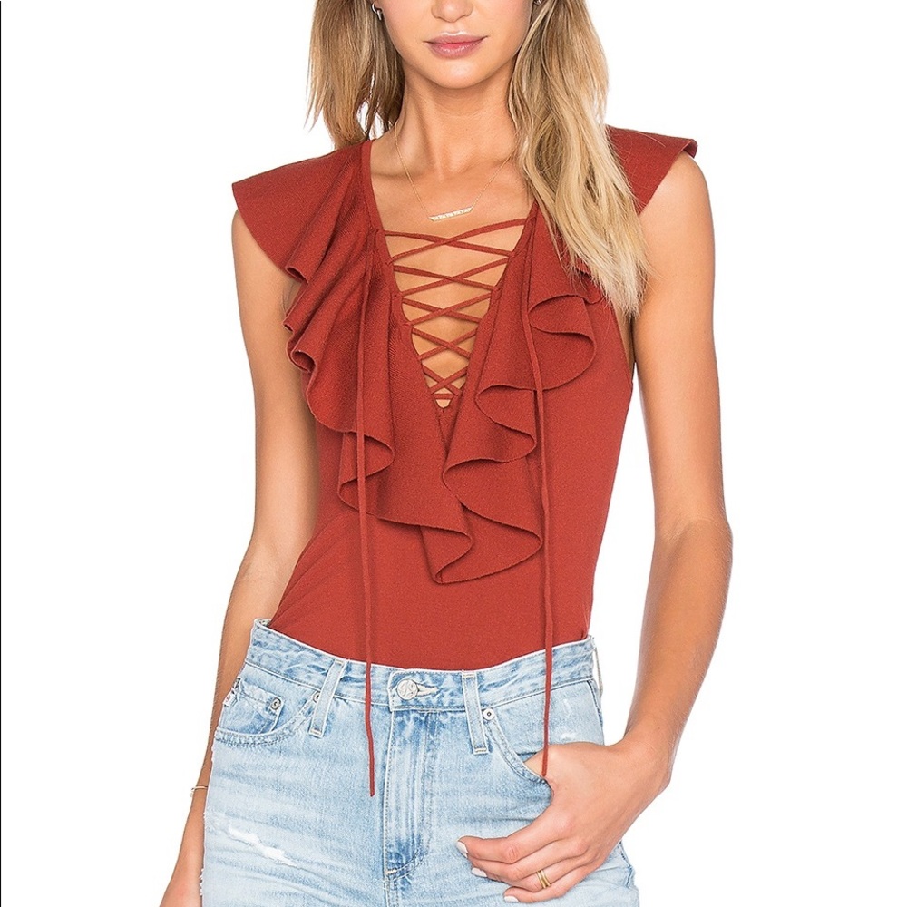 Ronny Kobo Ruffle Lace Up Lattice Tie Up Bodysuit